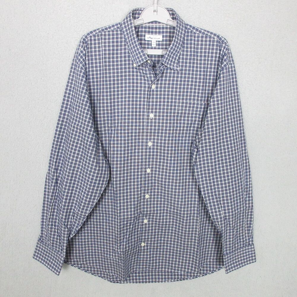 Peter Millar Mens Button Down Shirt Size 2XL Blue Plaid Long Sleeve Casual
